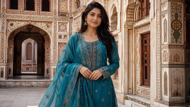 A poised woman in a teal, embroidered salwar kameez stands elegantly in front of intricately designed architecture, exuding grace and cultural richness.