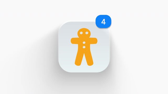 Gingerbread cookie app icon featuring animated notification badge with counter 1 to 99, dynamic shadow effect, minimalist christmas holiday treat concept, on white background. 