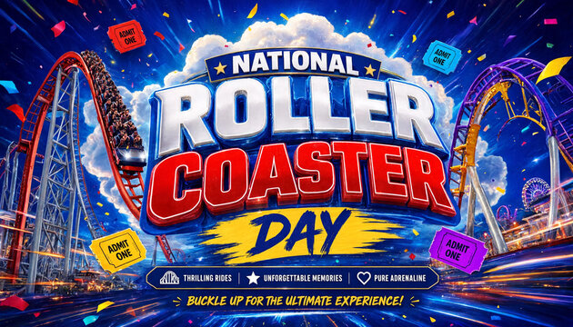National roller coaster day event celebration banner with metal track ride and confetti