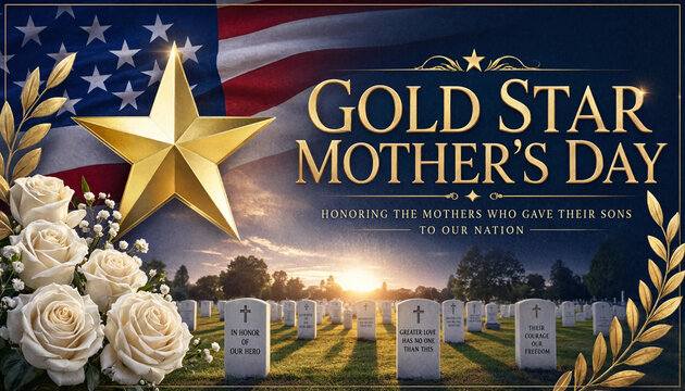 Gold star mother day memorial tribute with american flag golden star white roses, memorial
