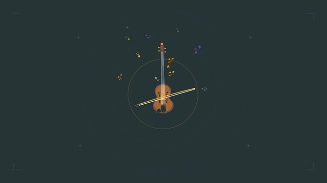 Animated video featuring piano, violin, and moving musical rhythms with a music theme.