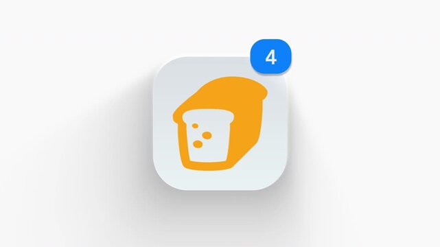 Loaf of bread app icon featuring animated notification badge with counter 1 to 99, dynamic shadow effect, minimalist bakery wheat breakfast food concept, on white background. 