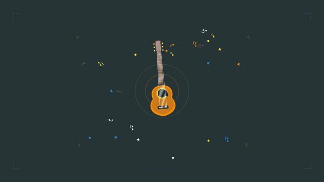 Animated video featuring moving guitars and drums with a music theme.