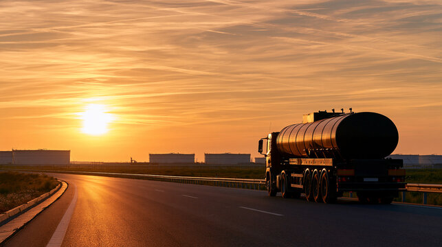 A tanker truck drives along a highway past fuel storage tanks during a golden sunset. Industrial logistics concept for energy transport and supply chains.