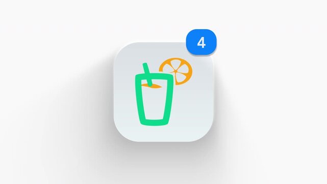 Lemonade drink app icon featuring animated notification badge with counter 1 to 99, dynamic shadow effect, minimalist refreshing summer citrus beverage concept, on white background. 