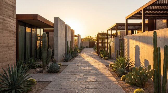 Modern desert luxury resort architecture with cactus garden walkway at sunset