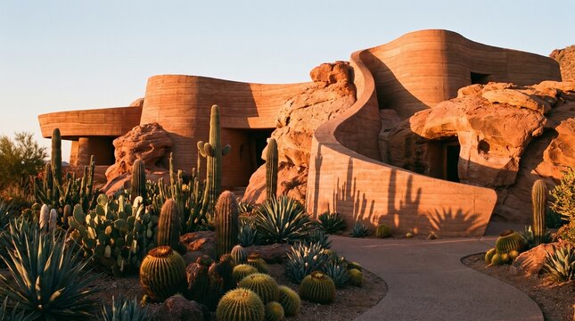 Modern Organic Desert Architecture House with Cactus Garden at Sunset
