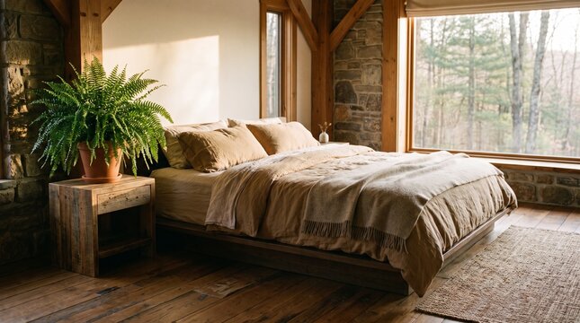 Cozy rustic bedroom interior with wooden bed linen bedding and large window overlooking forest