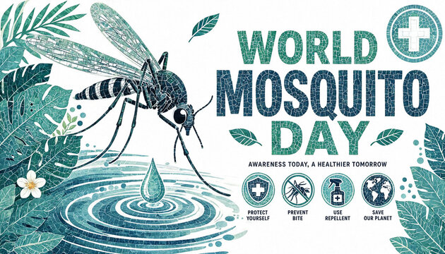 World mosquito day educational awareness poster with stylized insect and disease prevention