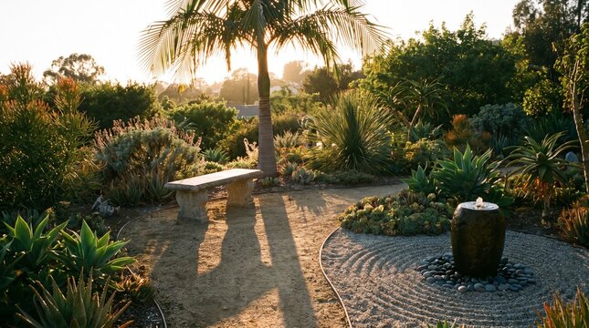 Drought Tolerant Succulent Garden with Zen Fountain and Stone Bench at Sunset