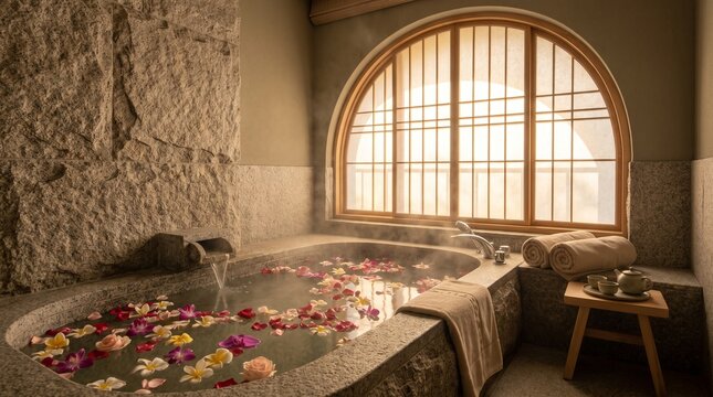 Luxury Japanese style stone onsen bath with floating flowers and warm sunlight