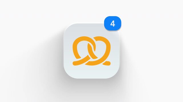 Pretzel app icon featuring animated notification badge with counter 1 to 99, dynamic shadow effect, minimalist salted bakery snack knot concept, on white background. 