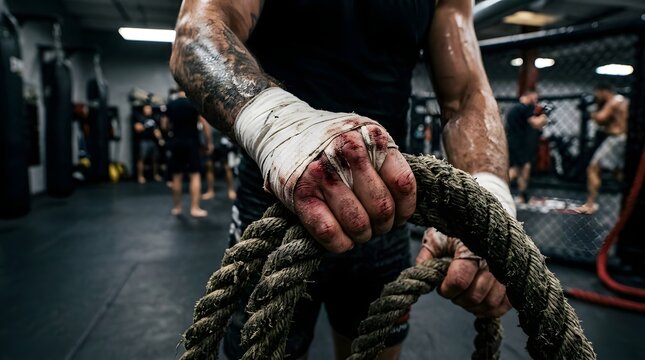 Intense close-up of a fighter's hands wrapped in bandages and gripping a thick rope, sweat and grime visible, in a gritty gym setting.