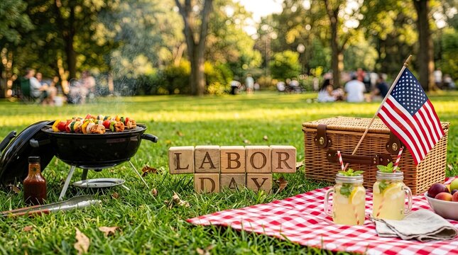 Backyard barbecue with grilling food american flag and a festive outdoor setting