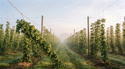 Obraz premium At dawn, a peaceful hop farm comes alive in soft morning mist. Lush green vines stretch along neat rows, creating a serene atmosphere filled with nature's beauty.