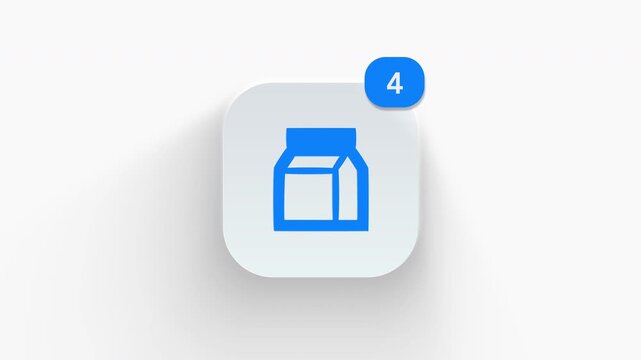 Small milk carton app icon featuring animated notification badge with counter 1 to 99, dynamic shadow effect, minimalist fresh dairy beverage pack concept, on white background. 