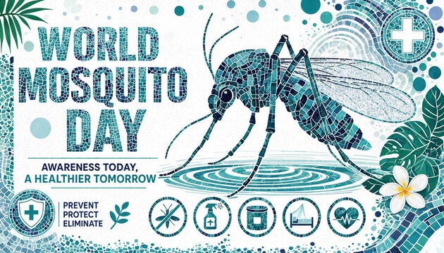 World mosquito day awareness graphic illustration with prevention symbols and text