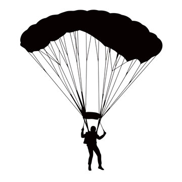 Black silhouette of a skydiver descending with an open parachute against a white background for adventure concepts.