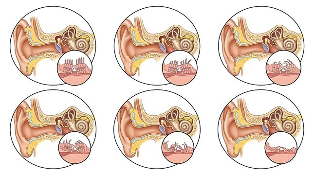 Medical illustration comparing healthy cochlear hair cells with progressive stages of hearing loss damage showing the degradation of sensory cilia within the inner ear organ of Corti