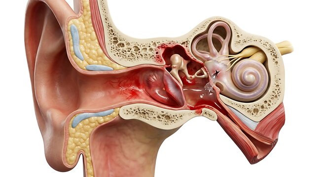 Detailed anatomical 3D render of a damaged human ear showing internal trauma with blood in the ear canal and rupture of the tympanic membrane and inner ear structures