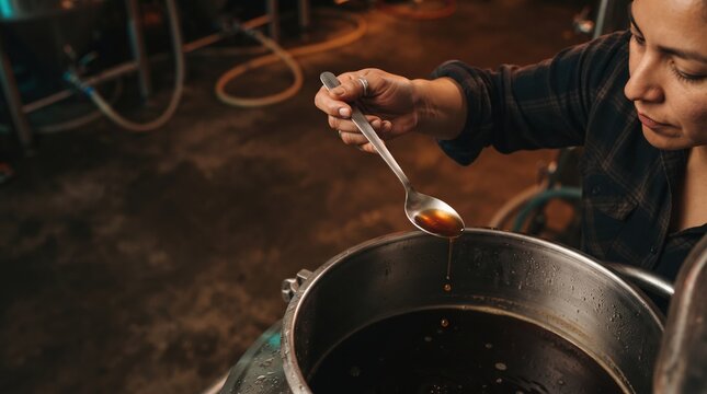 A skilled artisan carefully watches as luscious syrup falls from a spoon into a large metal pot, surrounded by a warm, inviting workshop atmosphere filled with soft lighting.