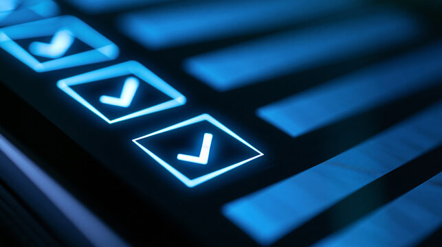 A digital checklist glowing with bright blue light on a dark screen. This visual represents task completion and efficiency for modern business productivity concepts.