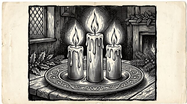 Set of three burning candles on decorated plate with holly and pine branches in black and white woodcut style illustration.