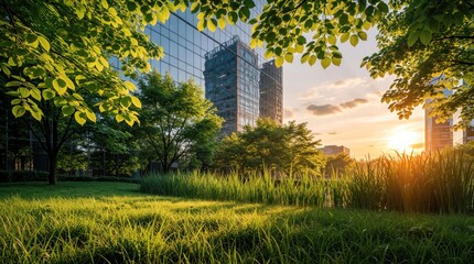 Fototapeta premium Modern buildings with glass facades reflect green trees and sky. Lush grass and foliage surround urban structures, blending city life with nature. Sun sets casting warm light.
