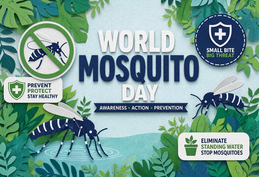 World mosquito day informative poster with tropical leaves and prevention guidelines