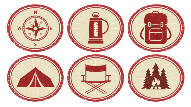 A collection of six vintage-style circular camping badges featuring a compass, thermos, backpack, tent, folding chair, and a campfire scene set against a black background.