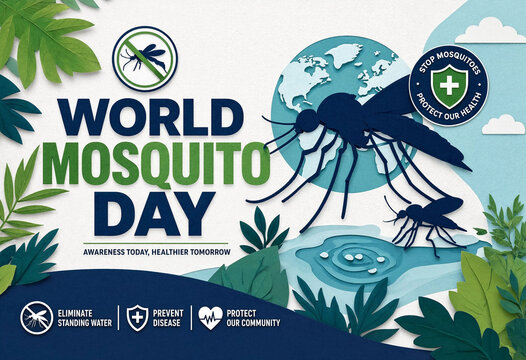 World mosquito day conceptual illustration with silhouettes and globe background, mosquito