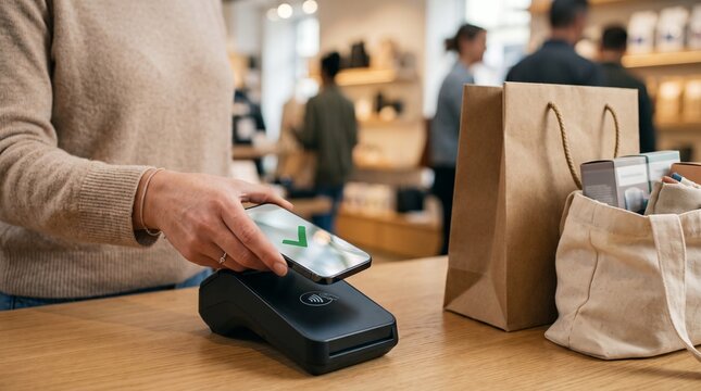 Contactless mobile payment at retail store counter, customer using smartphone for NFC transaction, secure digital wallet checkout