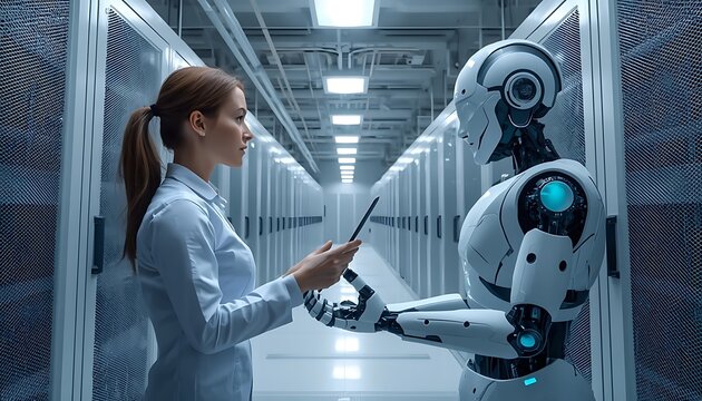 Data center engineer interacting with humanoid robot for advanced digital infrastructure systems monitoring operations with while collaborating advanced