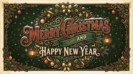 Naklejka premium Merry christmas and happy new year lettering with intricate dark green floral border for holiday greeting card.