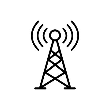 Telecommunication tower icon with signal waves represents wireless network infrastructure broadcasting technology and cellular data transmission in minimalist line art.
