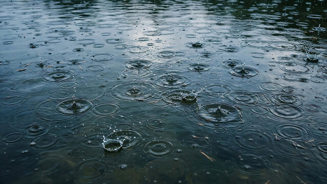 Raindrops falling on dark water surface creating concentric ripples and splashes