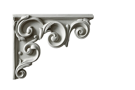 White ornate architectural corner corbel with scrollwork