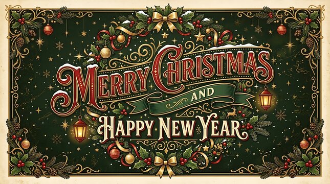 Merry christmas and happy new year lettering with intricate dark green floral border for holiday greeting card.