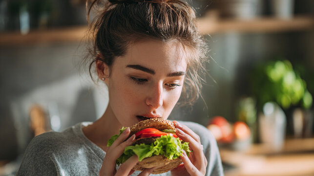 Woman taking a bite of a delicious fresh burger with lifestyle fastfood sandwich vegetables.
