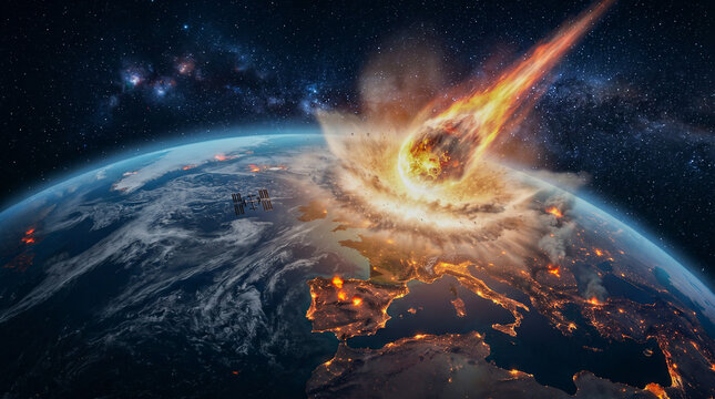 Un gigantesco asteroide impacta la Tierra sobre Europa, desatando una colosal explosi&oacute;n y fuego visible desde el espacio junto a la estaci&oacute;n orbital.