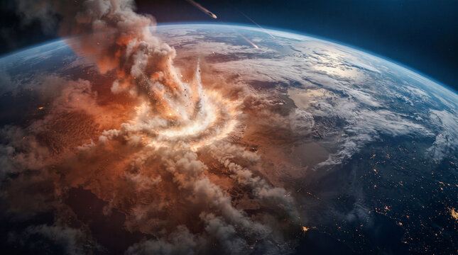 Un gigantesco asteroide impacta la Tierra sobre Europa, desatando una colosal explosi&oacute;n y fuego visible desde el espacio junto a la estaci&oacute;n orbital.