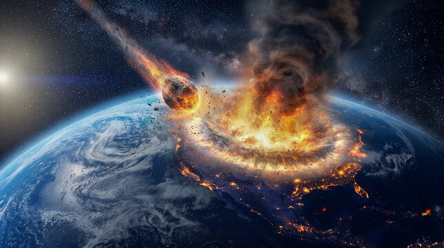 Un gigantesco asteroide impacta la Tierra sobre Europa, desatando una colosal explosi&oacute;n y fuego visible desde el espacio junto a la estaci&oacute;n orbital.