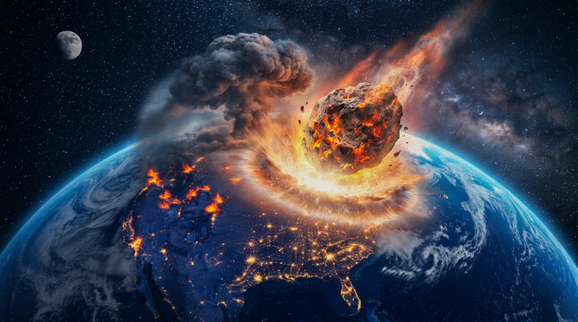 Un gigantesco asteroide impacta la Tierra sobre Europa, desatando una colosal explosi&oacute;n y fuego visible desde el espacio junto a la estaci&oacute;n orbital.