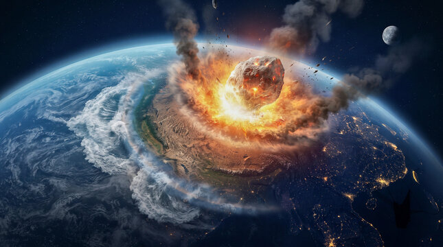 Un gigantesco asteroide impacta la Tierra sobre Europa, desatando una colosal explosi&oacute;n y fuego visible desde el espacio junto a la estaci&oacute;n orbital.