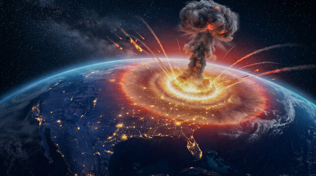 Un gigantesco asteroide impacta la Tierra sobre Europa, desatando una colosal explosi&oacute;n y fuego visible desde el espacio junto a la estaci&oacute;n orbital.