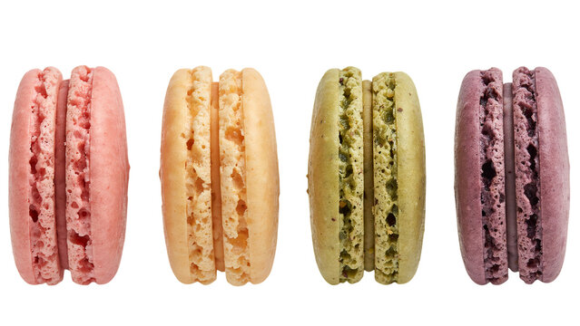 Four colorful French macarons isolated on white background for bakery and dessert design.