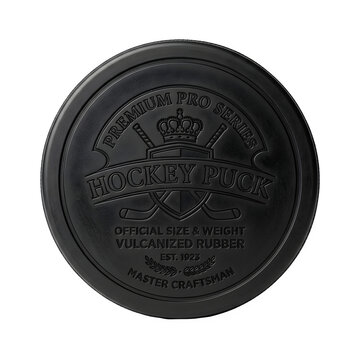 Premium black hockey puck with embossed crest. Professional vulcanized rubber hockey puck. Official size and weight sports equipment.