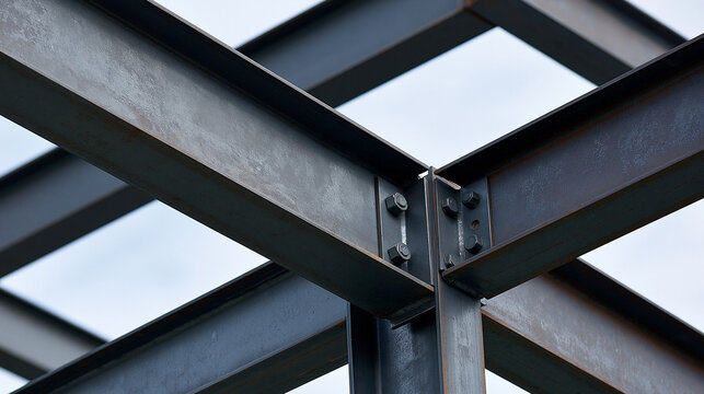 Structural steel I-beams joined with heavy-duty bolts in a modern building construction site. Industrial concept for architecture, engineering, and development projects.