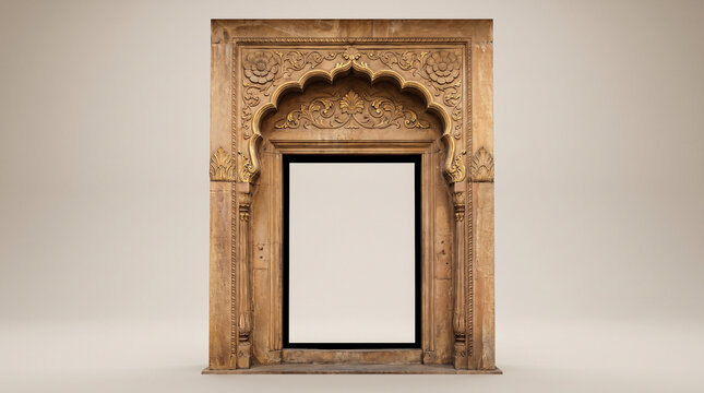 Ornate archway frame featuring intricate golden floral carvings and stone texture with a central blank rectangular space for messaging