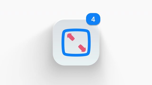 Expand frame app icon featuring animated notification badge with counter 1 to 99, dynamic shadow effect, minimalist full screen resize scale concept, on white background. 